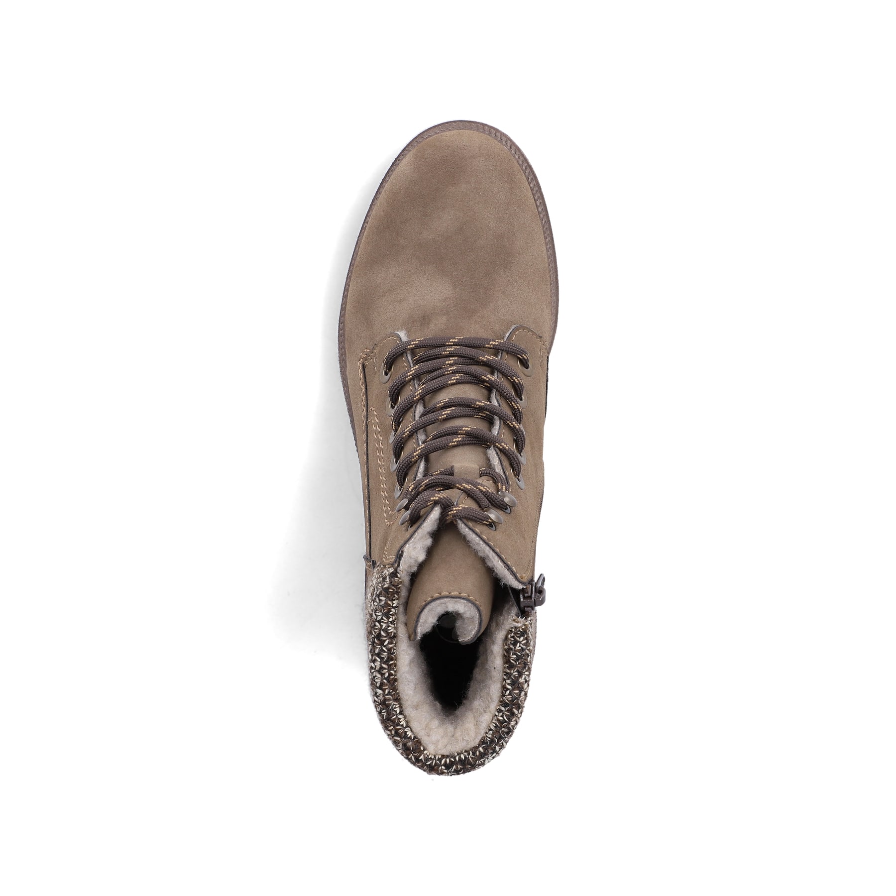 Braune Rieker Damen Schnürstiefel Y7621-25 mit Strick-Kragen. Schuh von oben.