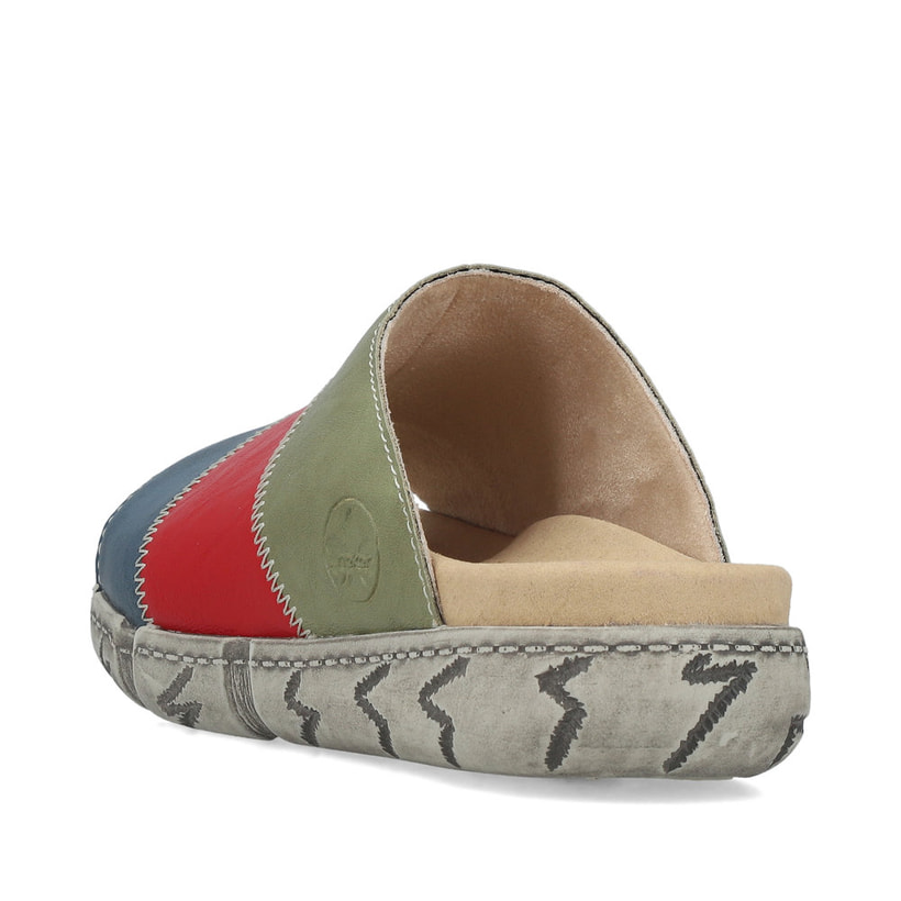 Mehrfarbige Rieker Damen Pantoletten V5170-90 mit schockabsorbierender Sohle. Schuh von hinten.