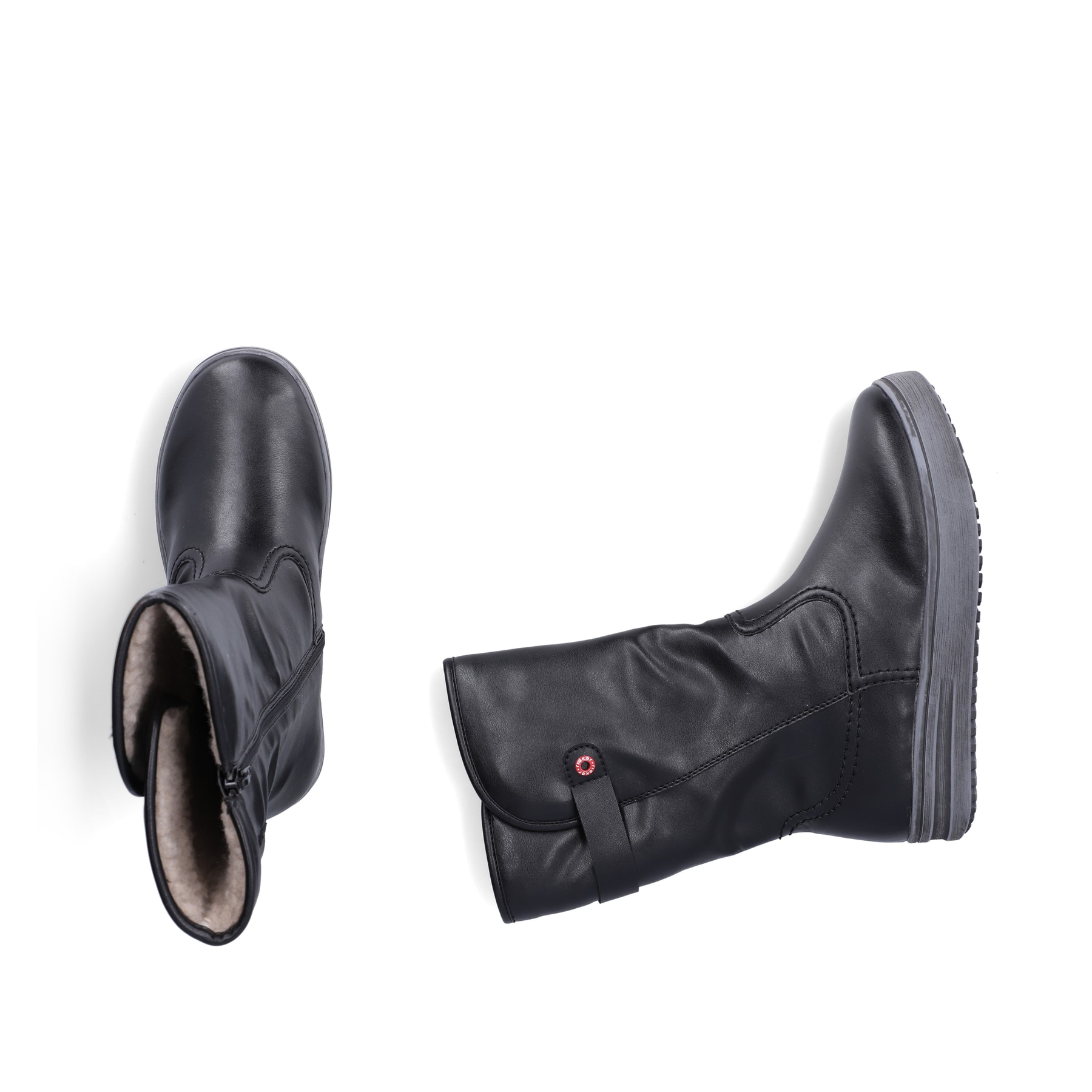 Schwarze Rieker Damen Kurzstiefel L2580-00 mit einem Reißverschluss. Schuh von oben, liegend.