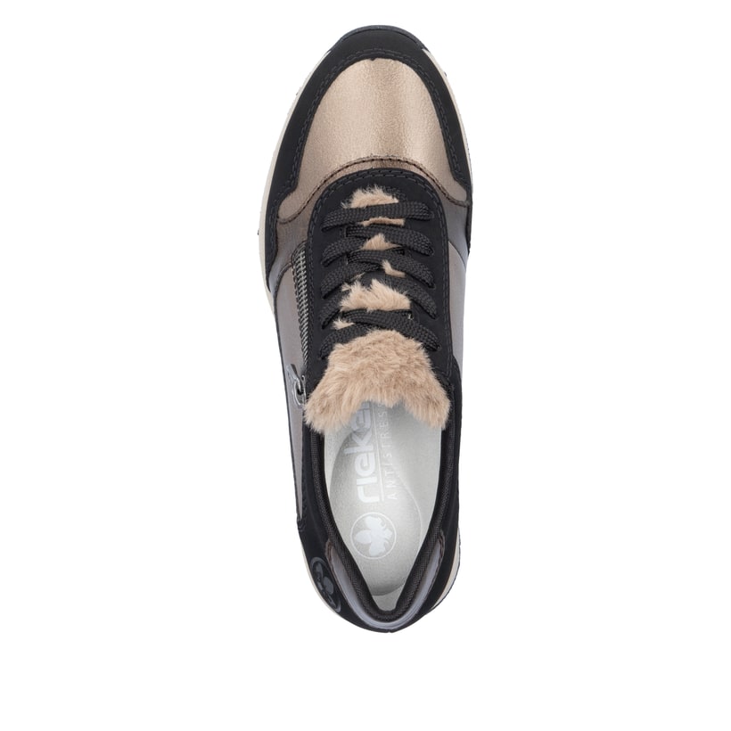 Beige Rieker Damen Sneaker Low N9301-90 mit Bronze-Finish sowie Reißverschluss. Schuh von oben.