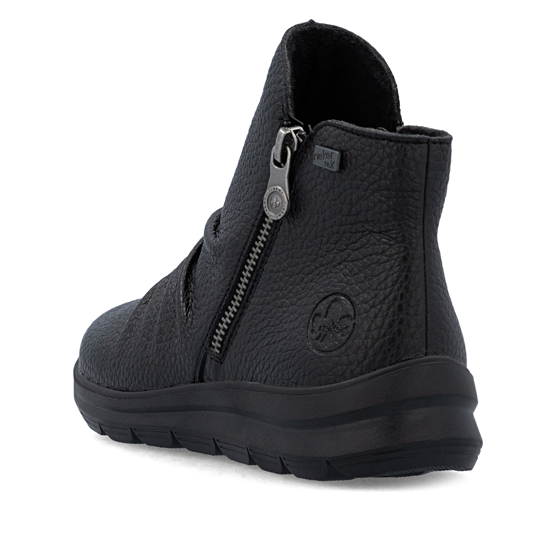 Schwarze Rieker Damen Kurzstiefel Z0056-00 aus Glattleder. Schuh von hinten.