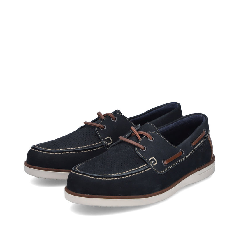 Blaue Rieker Herren Schnürschuhe B2345-14 aus Glattleder mit der Komfortweite G. Schuhpaar seitlich schräg.