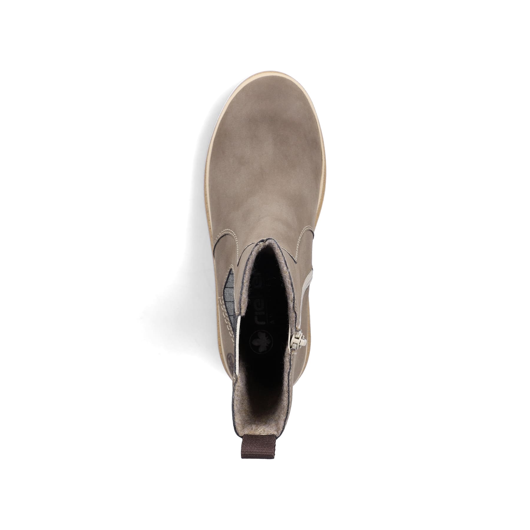 Braun-beige Rieker Damen Chelsea Boots Y6280-25 mit einem Reißverschluss. Schuh von oben.
