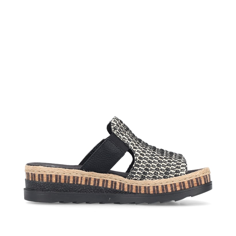 Schwarze Rieker Damen Pantoletten V7953-00 mit einem Gummizug. Schuh Innenseite.