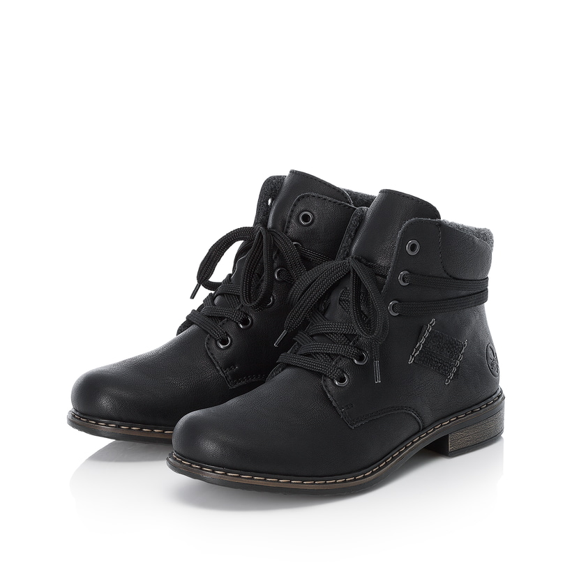 Asphaltschwarze Rieker Damen Schnürstiefel 71222-01 mit einem Reißverschluss. Schuhpaar seitlich schräg.