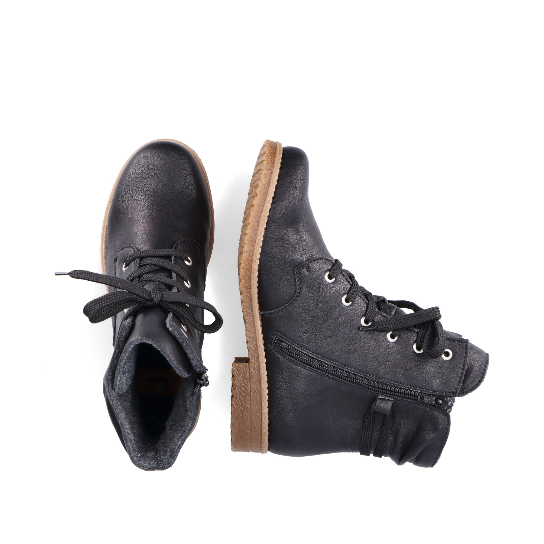 Nachtschwarze Rieker Damen Schnürstiefel 73514-00 mit einem Reißverschluss. Schuh von oben, liegend.