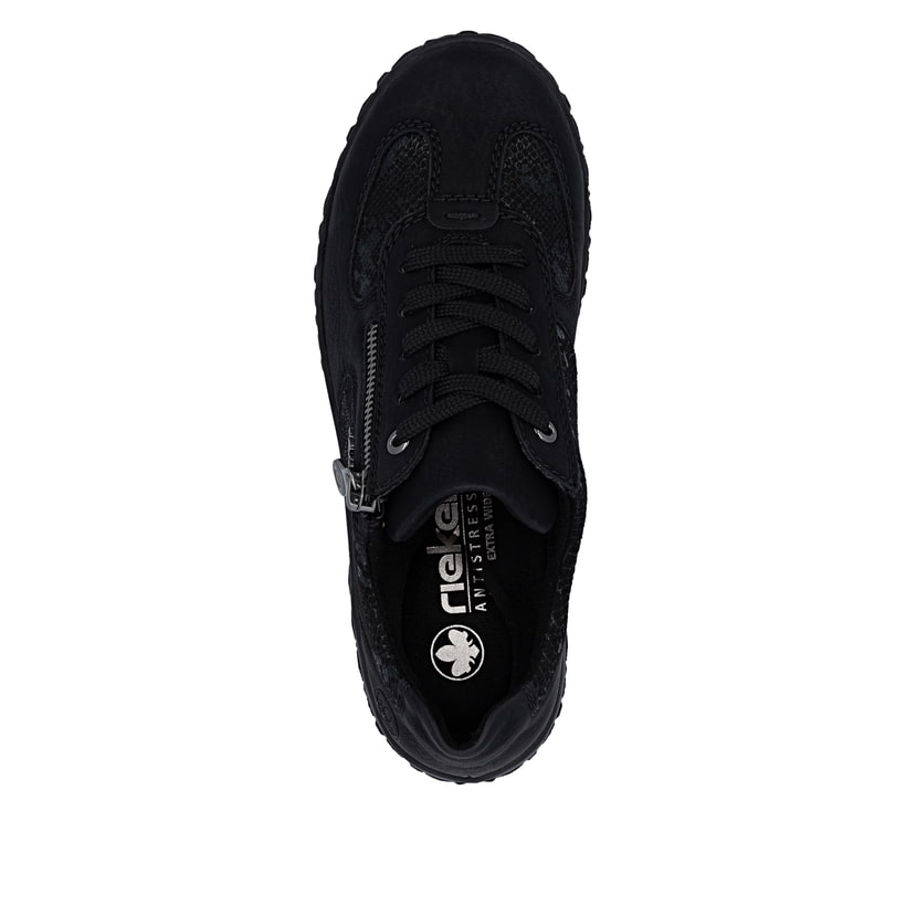 Baskets basses Rieker noires pour femmes 59501-00 avec fermeture éclair. Chaussure vue de dessus.