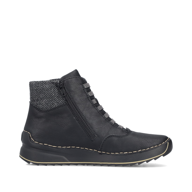 Schwarze Rieker Damen Schnürstiefel 51553-00 mit einem Reißverschluss. Schuh von hinten.