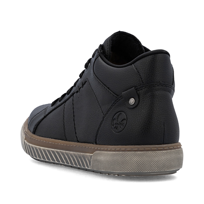 Schwarze Rieker Herren Schnürstiefel 17905-00 aus Glattleder mit Reißverschluss. Schuh von hinten.