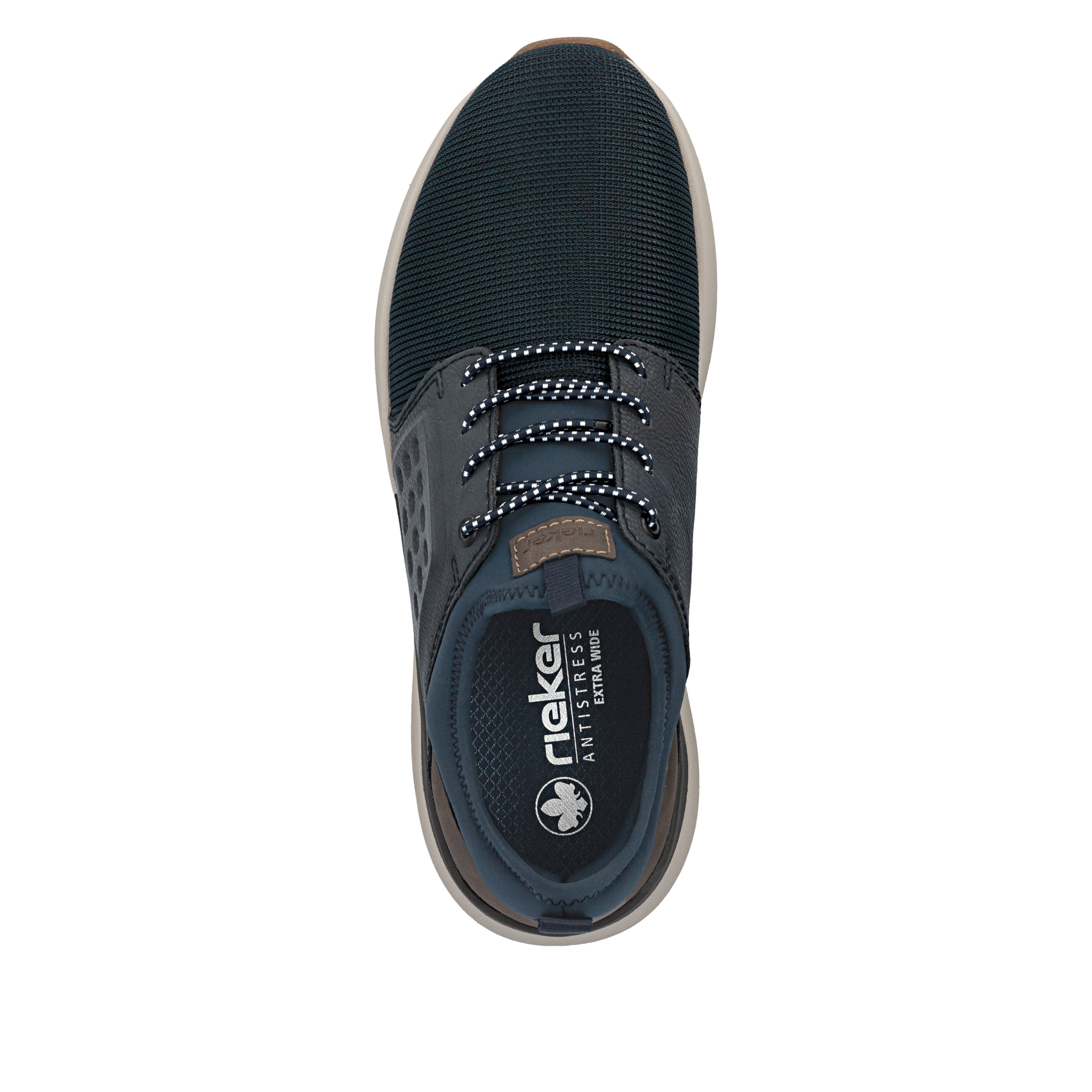 Dunkelblau-braune Rieker Herren Slipper 06058-14 mit Gummizug sowie Extraweite H. Schuh von oben.