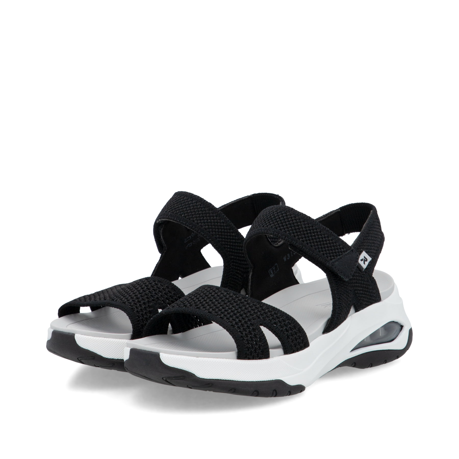 Schwarze vegane Rieker Damen Trekkingsandalen W3152-00 mit einem Klettverschluss. Schuhpaar seitlich schräg.