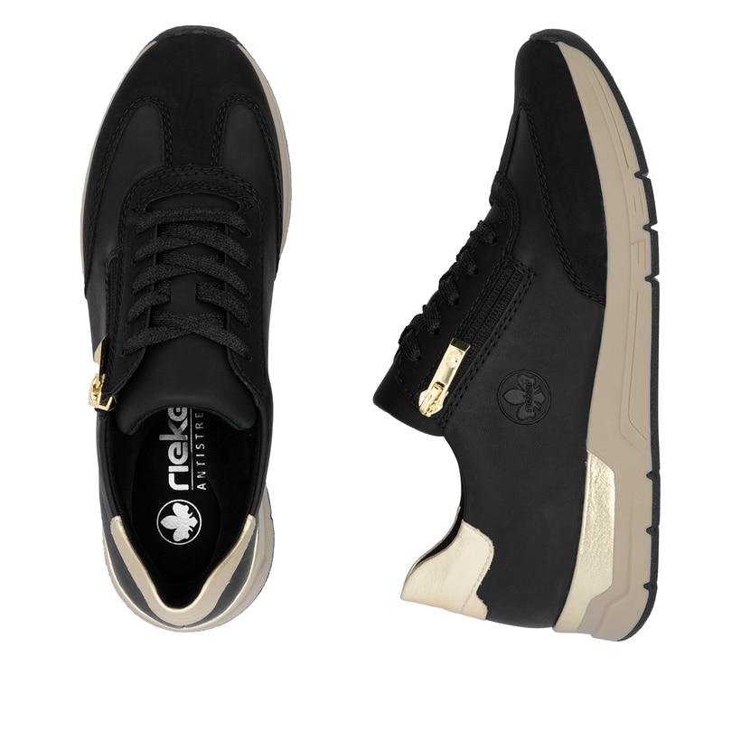 Schwarze Rieker Damen Sneaker Low 58923-00 mit einem Reißverschluss. Schuh von oben, liegend.