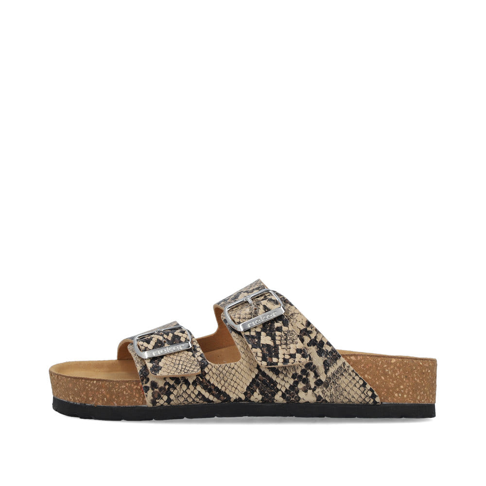 Beige vegane Rieker Damen Pantoletten V6391-20 mit angesagtem Animal-Print. Schuh Außenseite.