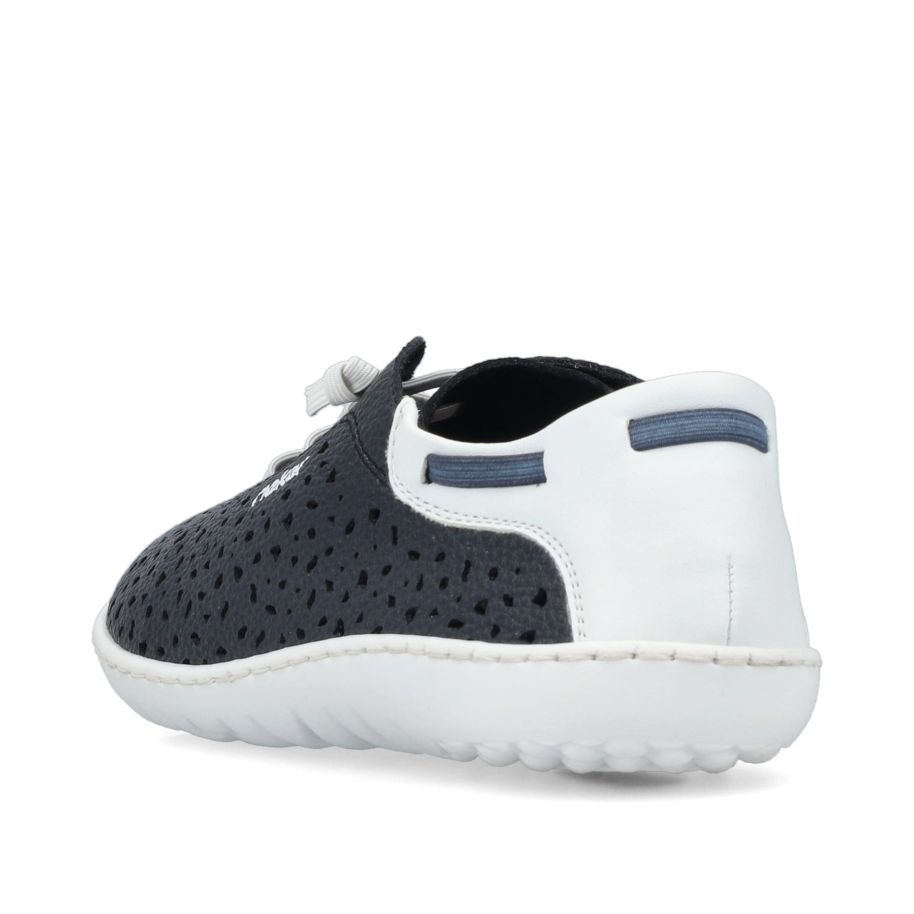 Blaue Rieker Damen Slipper 52805-14, Barfußschuhe mit einem Gummizug. Schuh von hinten.