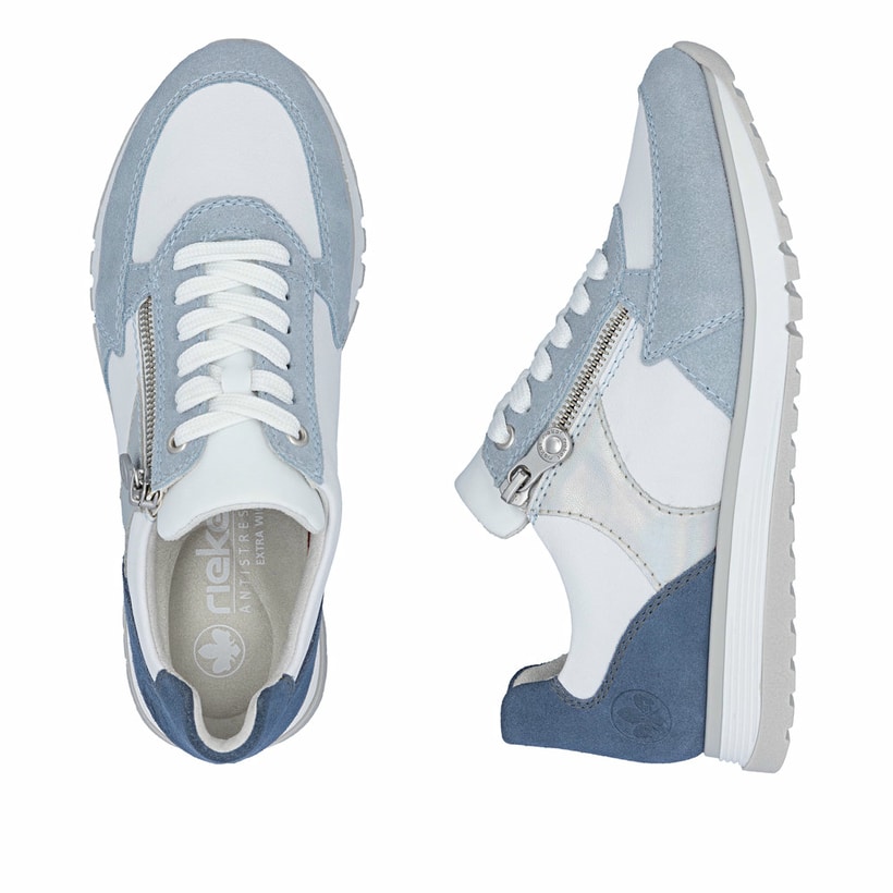 Baskets basses Rieker bleues pour femme 49010-12 en cuir lisse. Chaussure vue de dessus, couchée.