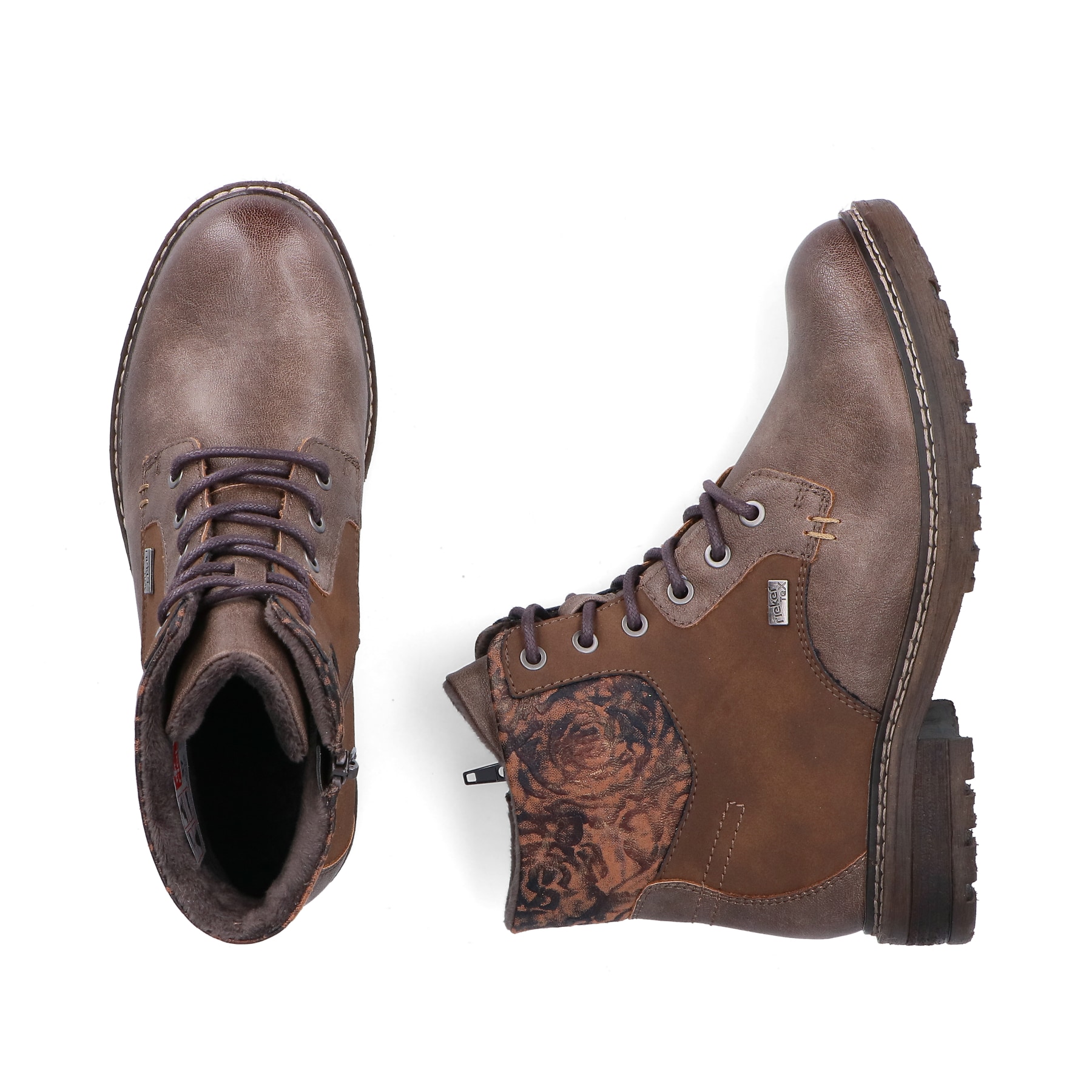 Braune Rieker Damen Schnürstiefel 94712-25 mit wasserabweisender TEX-Membran. Schuh von oben, liegend.