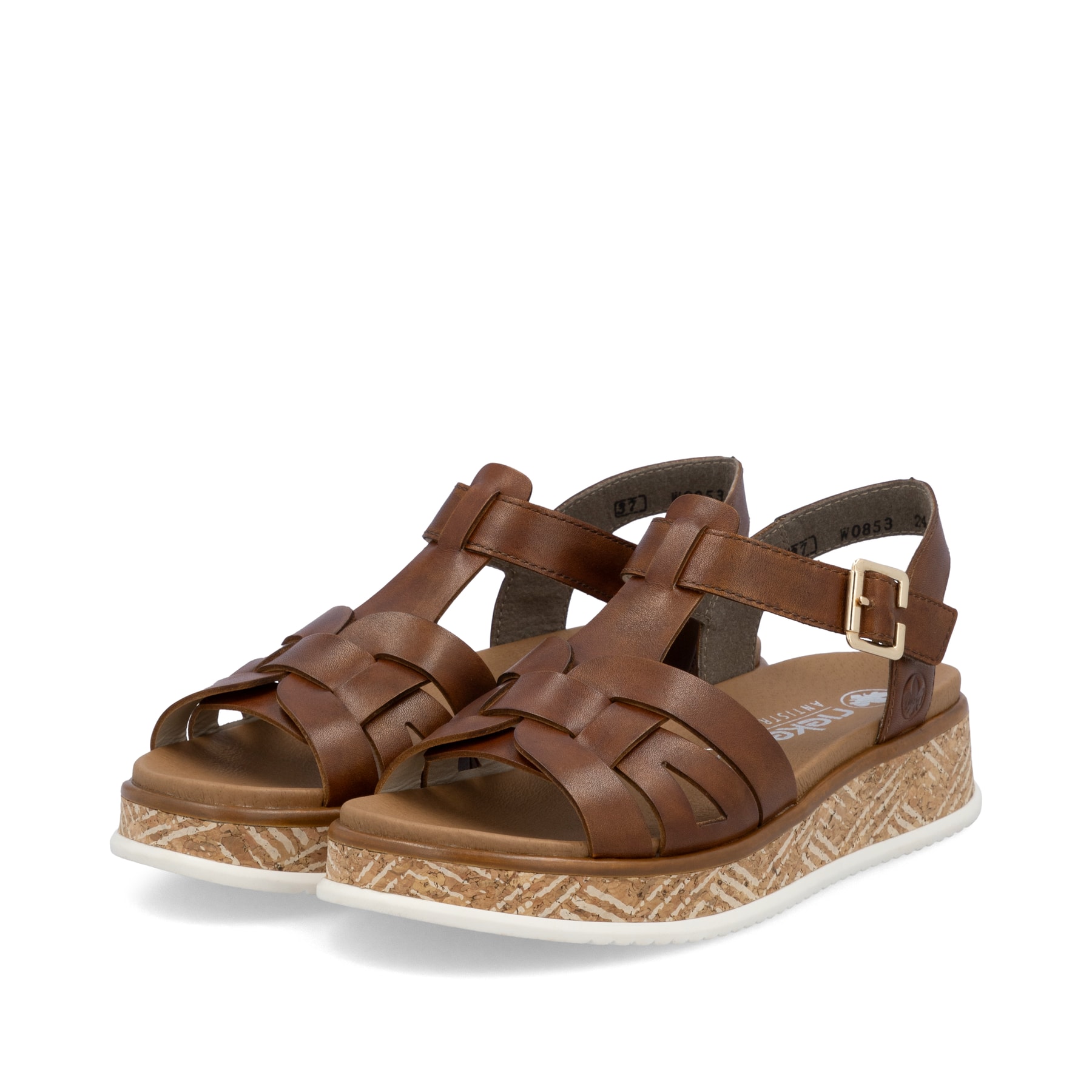Braune Rieker Damen Riemchensandalen W0853-24 mit trendigen Schnalle. Schuhpaar seitlich schräg.