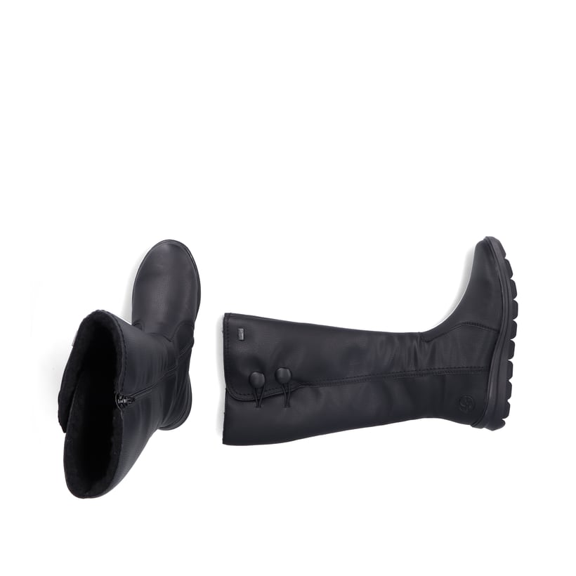 Schwarze Rieker Damen Hochschaftstiefel Z0090-00 mit einem Reißverschluss. Schuh von oben, liegend.