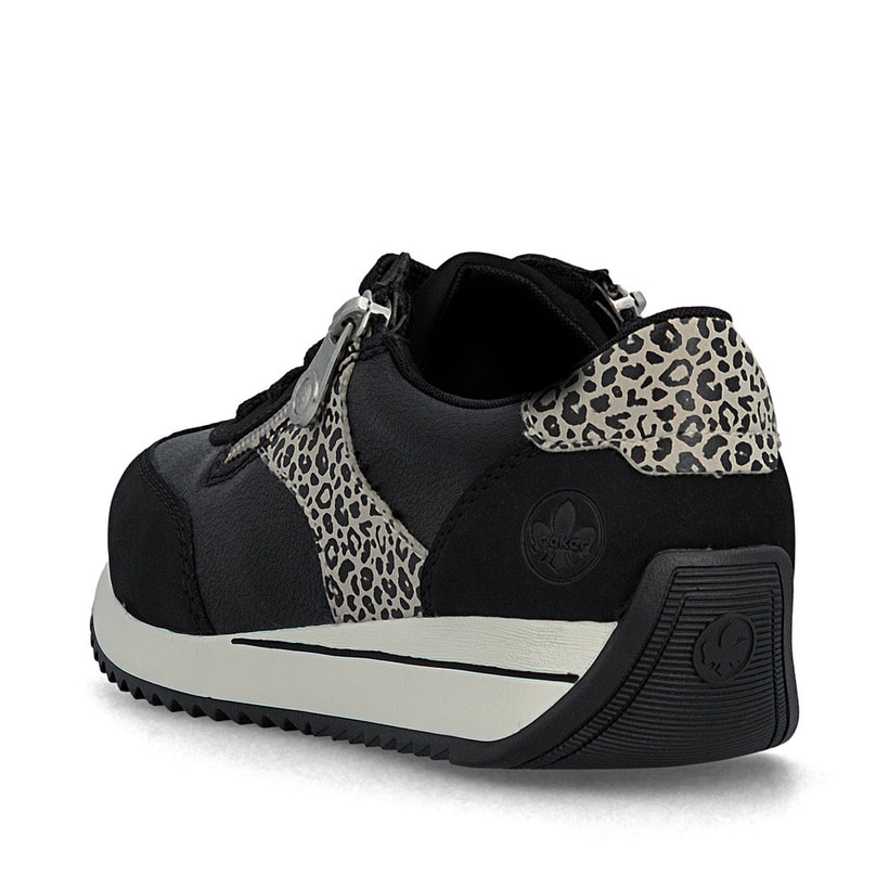 Schwarze Rieker Damen Schnürschuhe N1210-00 mit einem Reißverschluss. Schuh von hinten.