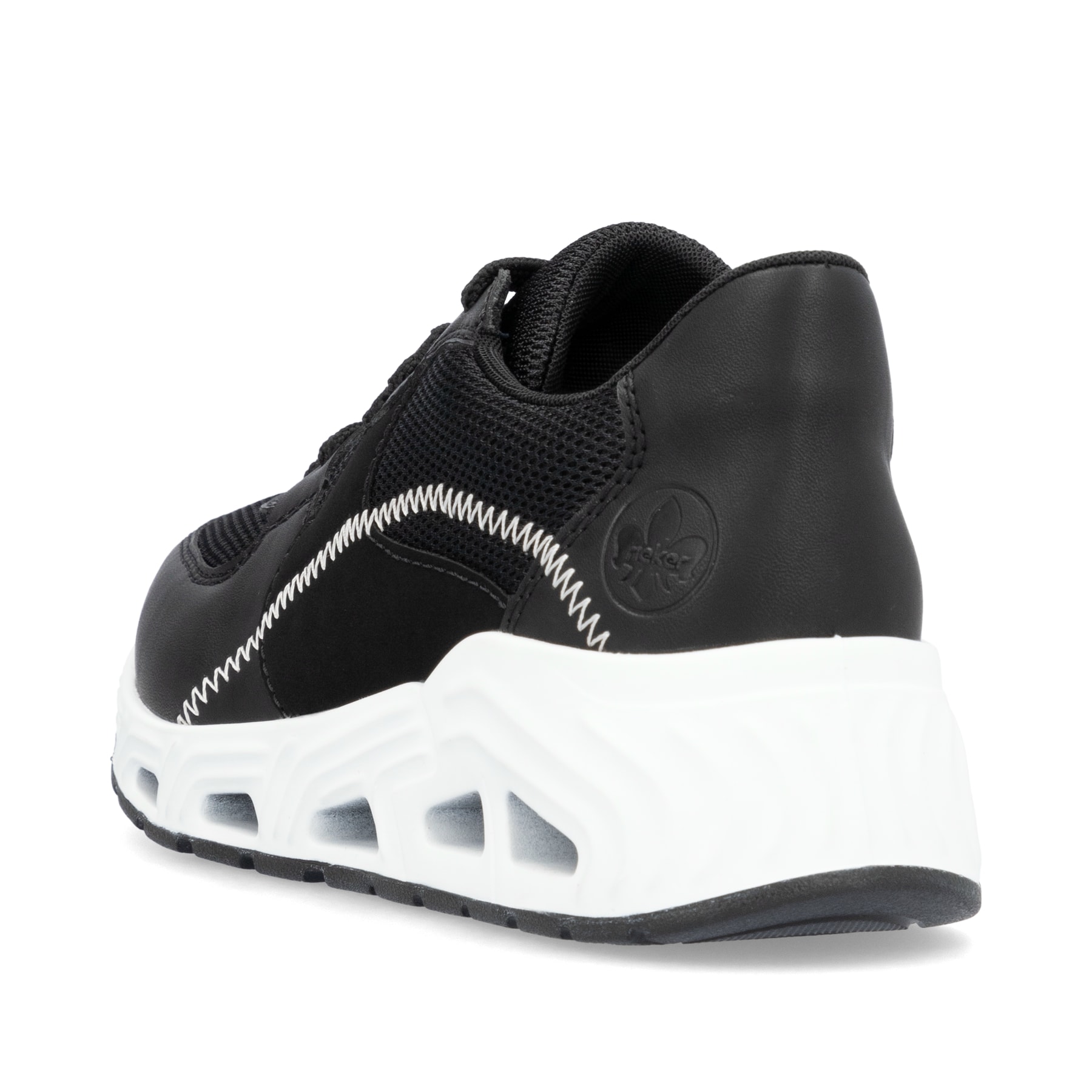 Schwarze vegane Rieker Damen Sneaker Low N5240-00 mit einer ultraleichten Sohle. Schuh von hinten.