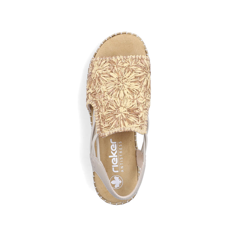 Beigebraune Rieker Damen Sandalen V1268-64 mit floralem Muster sowie Gummizug. Schuh von oben.