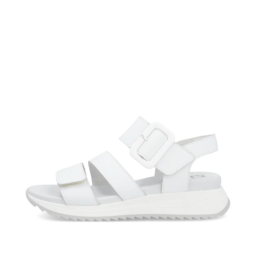 Weiße Rieker Damen Riemchensandalen W2950-80 mit einem Klettverschluss. Schuh Außenseite.