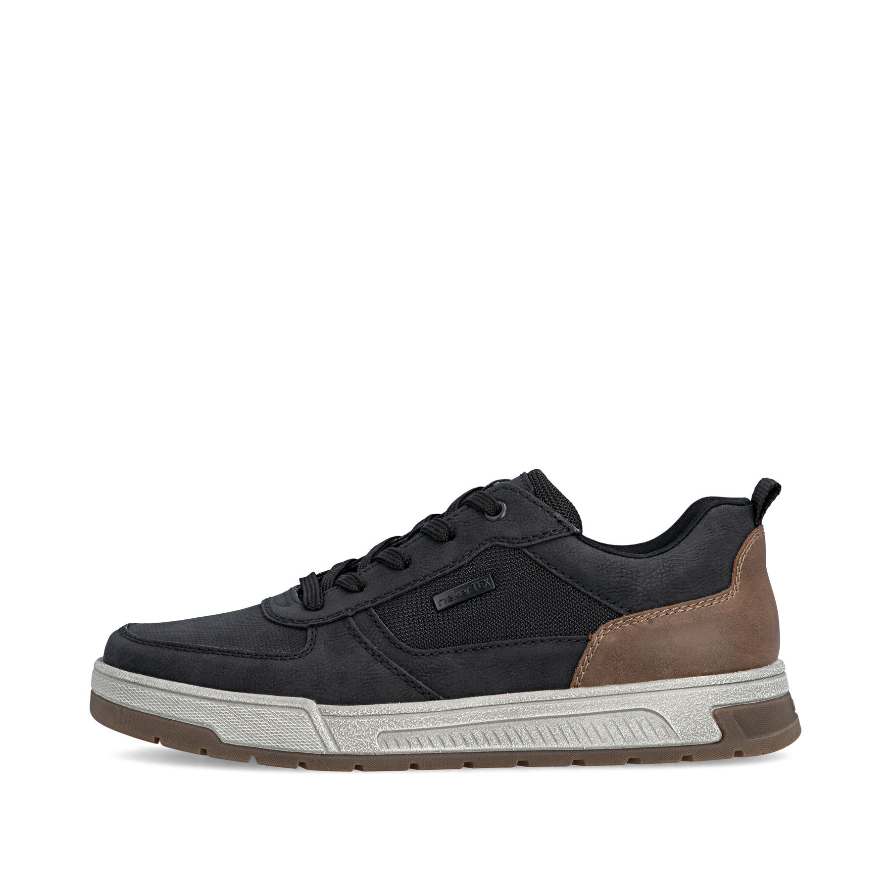 Schwarz-braune Rieker Herren Sneaker Low 36000-00 mit einem Reißverschluss. Schuh Außenseite.