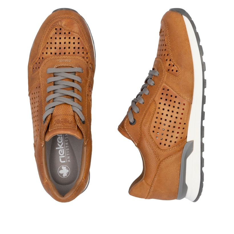 Braune Rieker Herren Sneaker Low U0312-24 mit Schnürung sowie Komfortweite G 1/2. Schuh von oben, liegend.