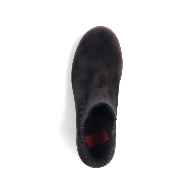 Chelsea Boots Rieker noires pour femme 79265-00 avec bande élastique. Semelle extérieure de la chaussure.