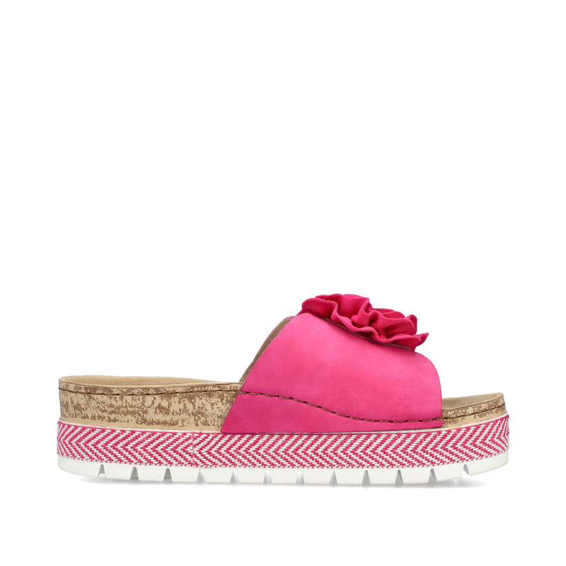 Mules Rieker roses pour femme 69562-31 avec fleur décorative. Côté intérieur de la chaussure.