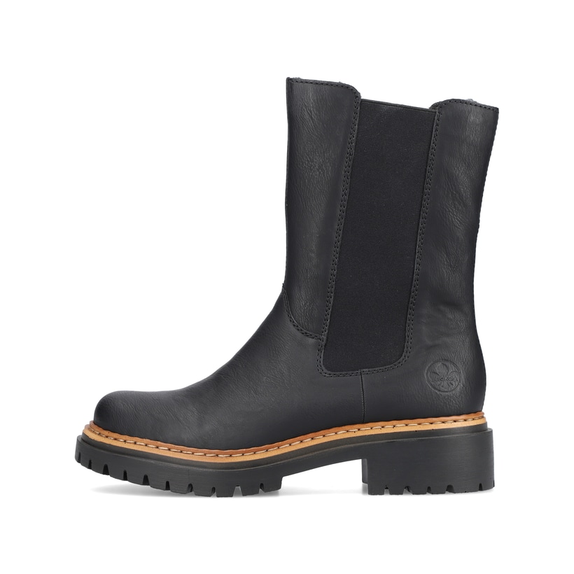 
Nachtschwarze Rieker Damen Chelsea Boots 72683-00 mit einer schockabsorbierenden Sohle. Schuh Außenseite