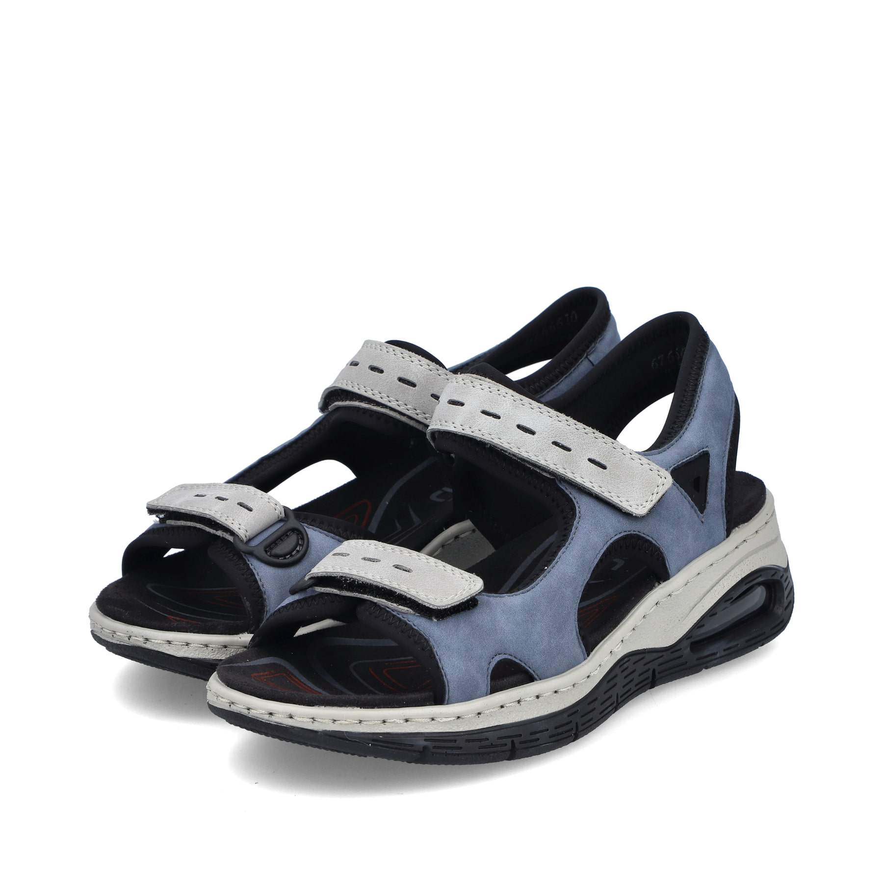 Blaue vegane Rieker Damen Trekkingsandalen 67666-10 mit Rieker Air Sohlenfenster. Schuhpaar seitlich schräg.
