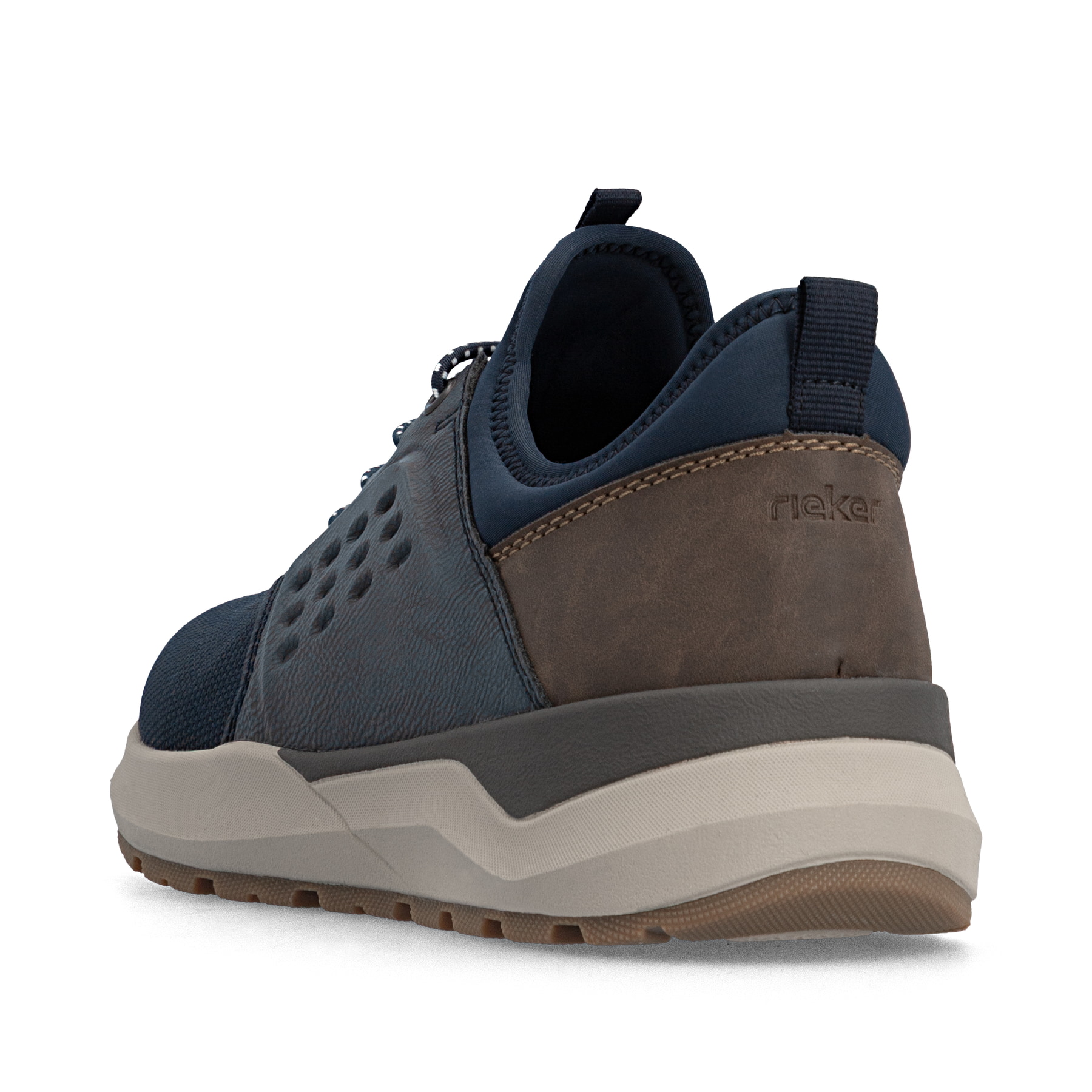 Dunkelblau-braune Rieker Herren Slipper 06058-14 mit Gummizug sowie Extraweite H. Schuh von hinten.