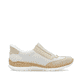 Grüne Rieker Damen Slipper N42G2-52 mit einer Gummischnürung. Schuh Außenseite gespiegelt.