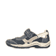 Blaue Rieker Damen Slipper L0575-14 mit einem Klettverschluss. Schuh Außenseite.