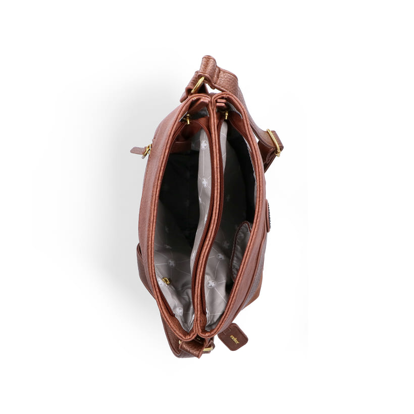 Sac bandoulière Rieker H1346-22 en marron avec plusieurs compartiments intérieurs et une fermeture éclair. Ouvert.