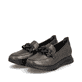 Braune Rieker Damen Loafer 49051-25 aus Glattleder mit Deko-Kette sowie Gummizug. Schuhpaar seitlich schräg.