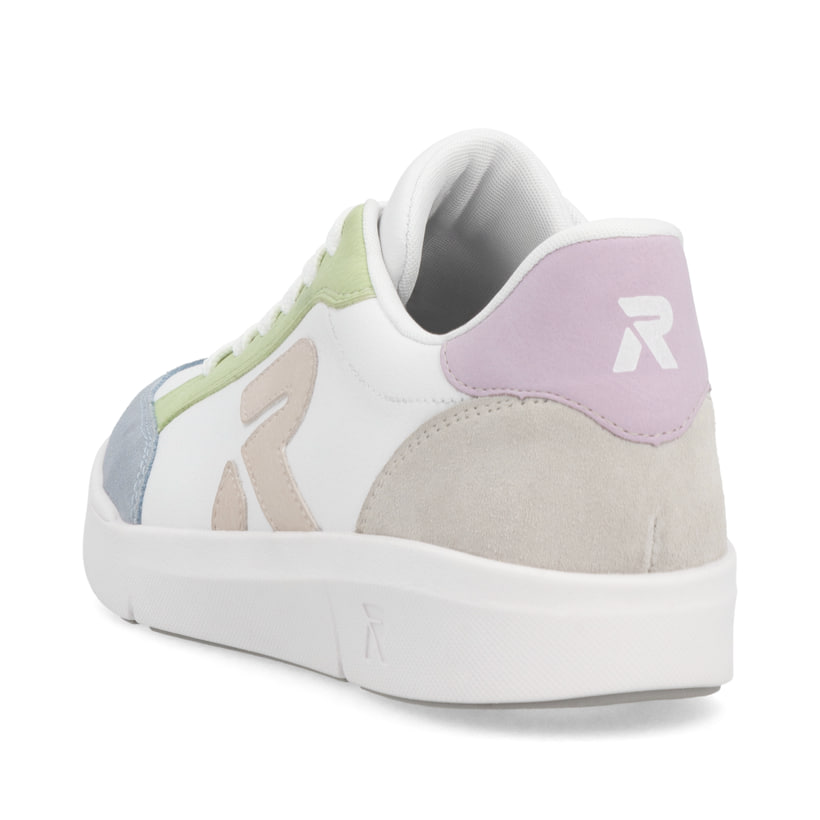 Weiße Rieker Damen Sneaker Low 41909-81 mit Schnürung sowie super leichter Sohle. Schuh von hinten.