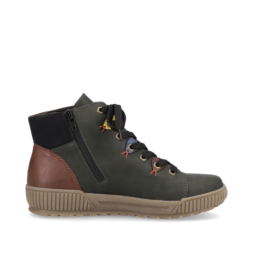 Mehrfarbige Rieker Damen Schnürstiefel N0711-54 mit Ösen-Verzierung. Schuh Innenseite.