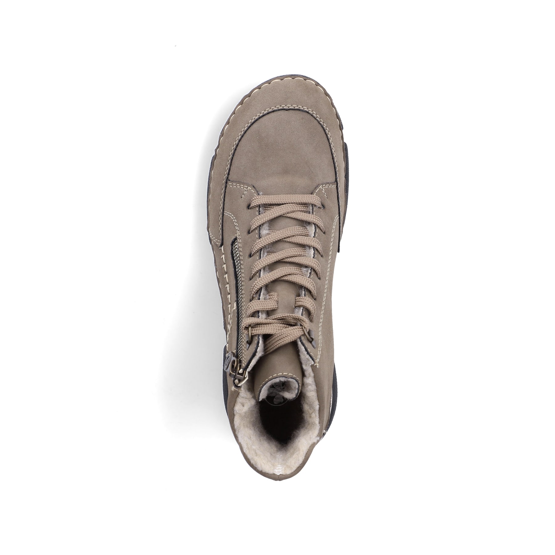 Braune Rieker Damen Schnürstiefel 45962-25 mit modernen Ziernähten. Schuh von oben.