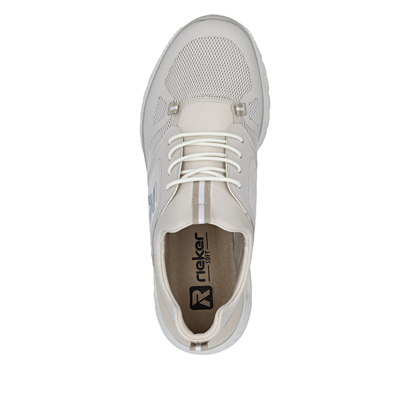 Mocassins Rieker beiges végan pour femmes M6078-60 avec bande élastique. Chaussure vue de dessus.
