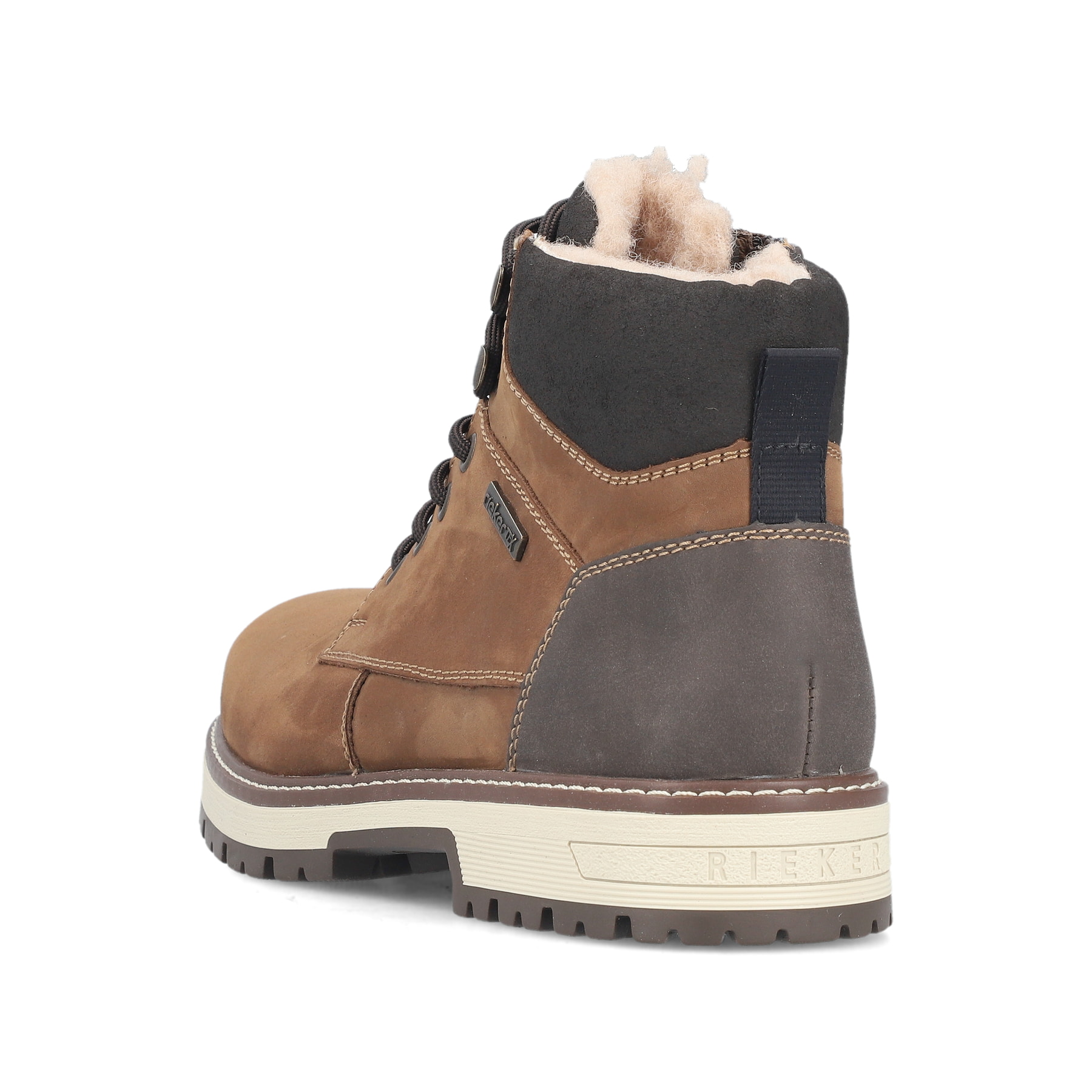 Braune Rieker Herren Schnürstiefel F8311-25 aus Rauleder mit Flip-Grip Sohle. Schuh von hinten.