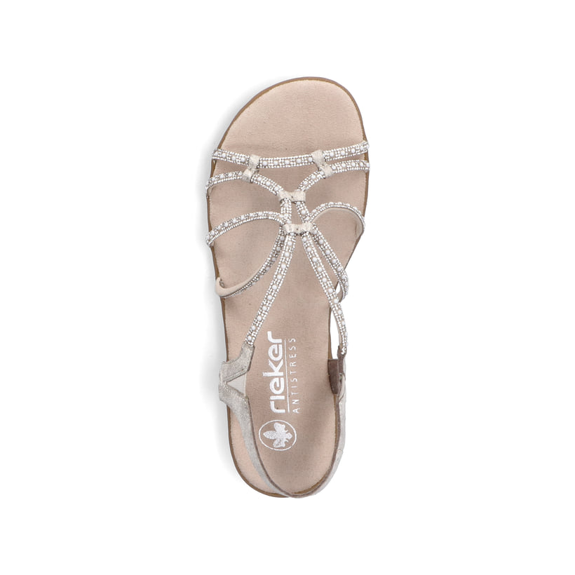 Beige Rieker Damen Riemchensandalen 64270-60 mit Strasssteinen sowie Gummizug. Schuh von oben.