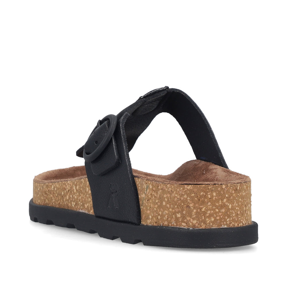 Tongs Rieker noires pour femme V3150-00 en cuir lisse avec boucles. Chaussure vue de l'arrière.