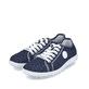Blaue vegane Rieker Damen Schnürschuhe 52823-14 mit Logo an der Seite. Schuhpaar seitlich schräg.