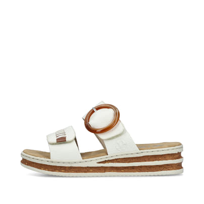 Weiße Rieker Damen Pantoletten 62993-80 mit trendigen Schnalle. Schuh Außenseite.