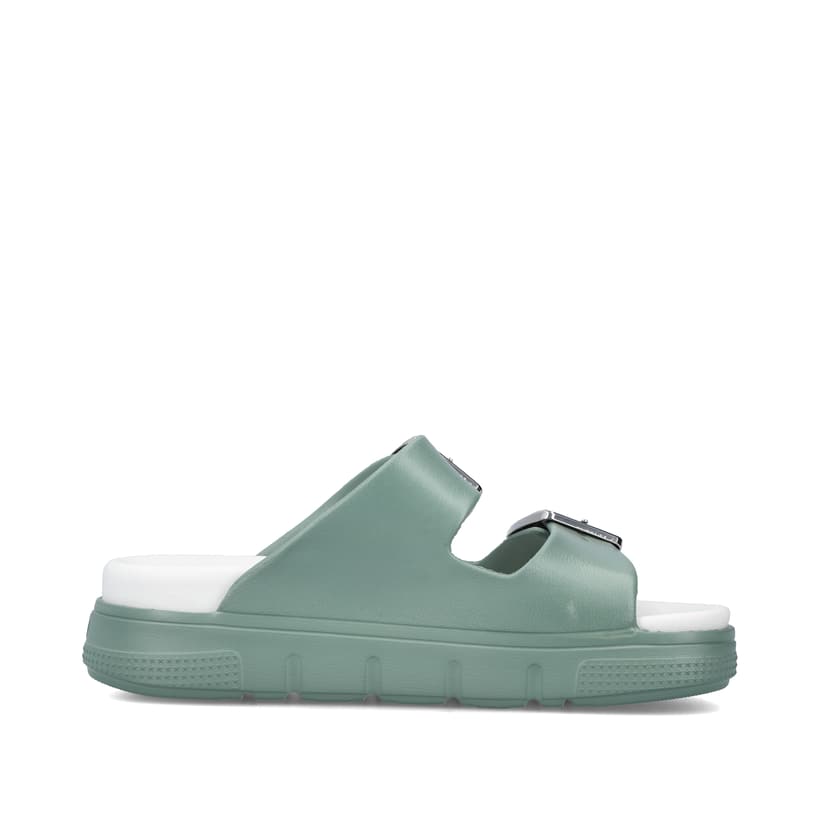 Grüne Rieker Damen Pantoletten P2180-52 mit Schnalle sowie einer flexiblen Sohle. Schuh Innenseite.