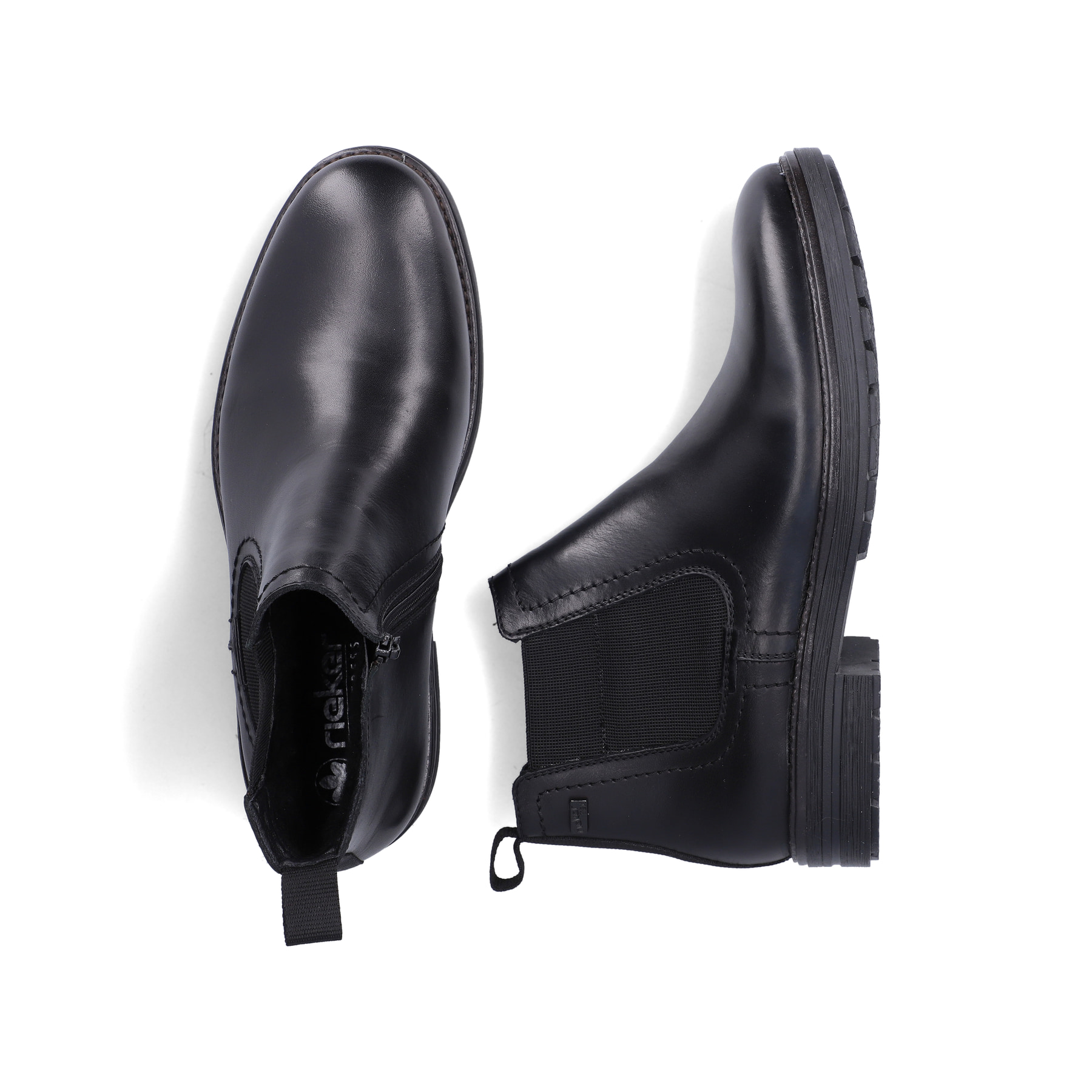 Schwarze Rieker Herren Chelsea Boots 33484-00 aus Glattleder. Schuh von oben, liegend.