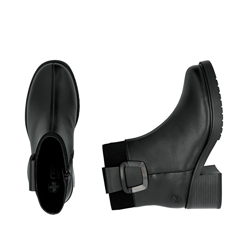 Schwarze Rieker Damen Stiefeletten Y5253-00 aus Glattleder. Schuh von oben, liegend.