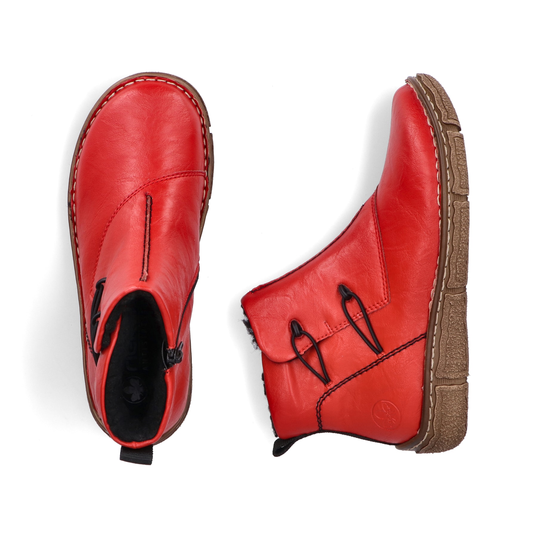 Rote Rieker Damen Kurzstiefel Z3782-33 mit Reißverschluss sowie Komfortweite G. Schuh von oben, liegend.